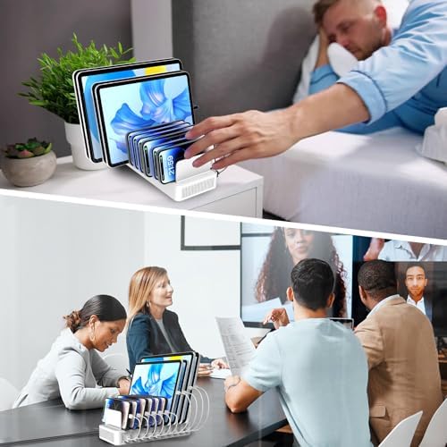 Multi-Device Charging Station with 10 Ports and Smart IC Technology – 100 W Power Dock with Adjustable Dividers and 10 Cables for Efficient Charging of i Phone, Galaxy, i Pad, Tablets – Space-Saving Flat Plug Design for Home and Office Use