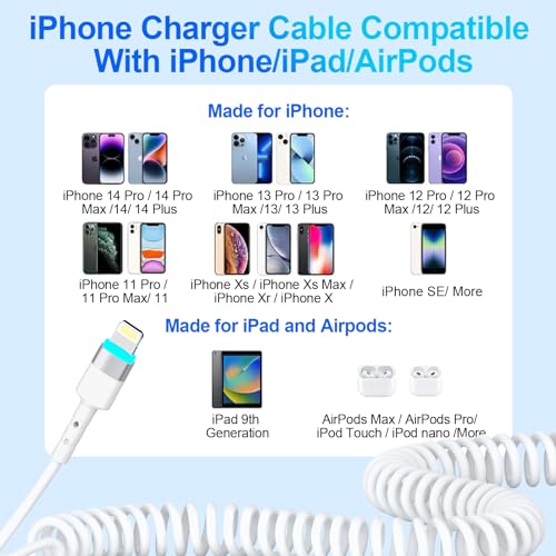 Stylish 3 FT Pink Coiled i Phone Charger 2-Pack – MFi Certified USB to Lightning Cable for Apple Car Play – Fast Charging, Tangle-Free, Trendy Design for Home & On-the-Go Power Solutions