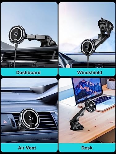 Experience Superior Convenience with the Magnetic Mag Safe Car Mount Charger – Fast Max 36 W QC3.0 Wireless Charging for i Phone 16/15/14/13 Plus and Mag Safe Cases, Versatile Dashboard/Vent/Windshield Installation, Sleek Retractable Holder for Optimal Viewing Angles, Durable Design for Ultimate Reliability