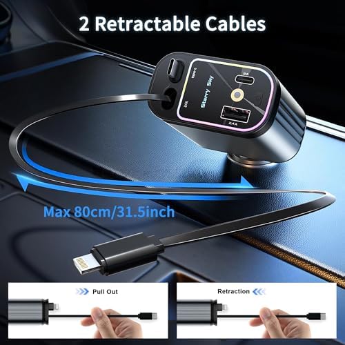 Versatile Retractable Car Charger – 4 in 1 Fast Charging Solution with Dual Type C Cables and 2 USB Ports for i Phone 15/14/13/12/11 Pro Max, Galaxy, Google Pixel – Tangle-Free Convenience & Enhanced Speed for Modern Drivers