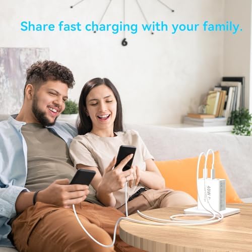40 W USB C Charger Block – Dual Pack of 4-Port Fast Charging Power Bricks with PD & QC 3.0 Technology for i Phone 16/15/14/13/12/11 Pro Max, i Pad, Galaxy, Pixel – Sleek White & Blue Design for Convenient Multi-Device Charging