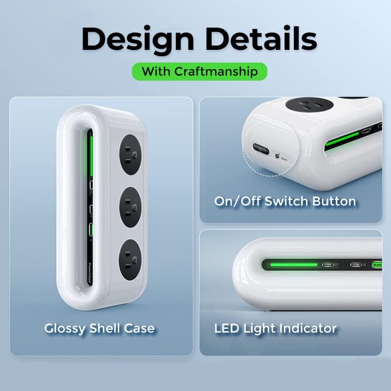 Optimize Your Productivity with the i Swift 65 W USB-C Multi-Device Charging Hub – 6-in-1 Power Strip Featuring 3 AC Outlets, 2 High-Speed USB-C Ports, and 1 USB-A Slot – 5 ft Extension Cord for Flexible Workspace Setup – Advanced Surge Protection for Ultimate Device Safety and Efficient Workflow
