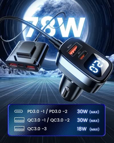 Ultimate 78 W Multi-Port USB-C Car Charger with LED Voltage Display – Rapid Charging for i Phone 16/15 Pro Max, Samsung S24 & More – 5 FT Cable Included for Enhanced On-the-Go Power Solutions