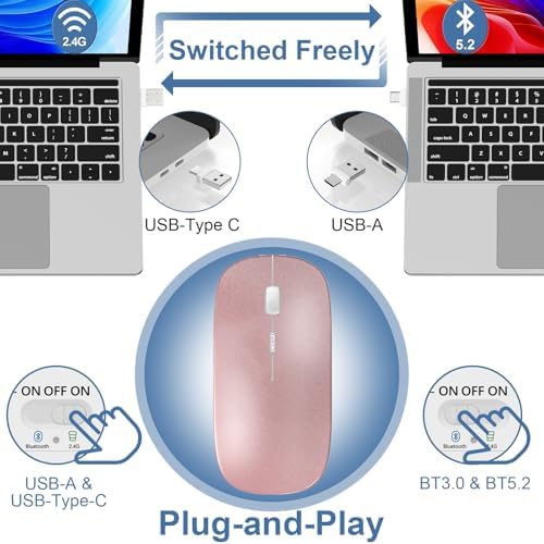 Sleek Rose Gold Wireless Bluetooth Mouse for Laptop – Ergonomic Rechargeable Dual-Mode Design with Silent Operation for Mac, PC, and i Pad – Effortless Bluetooth 5.2/3.0 & 2.4 GHz Connectivity for Enhanced Productivity and Comfort