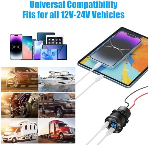 High-Performance 2 Pack 12 V USB Outlet Car Charger Socket – Triple Port Aluminum Fast Charging Adapter with 30 W Dual PD USB-C and Quick Charge 3.0, Waterproof Design with Built-in Voltmeter & Power Control for Marine, RV, Motorcycle, and Truck Applications – Ultimate Durability and Versatile Compatibility for All Devices