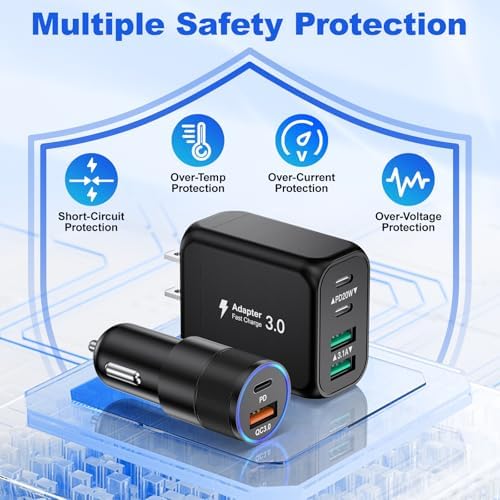 38 W Dual Port Fast Car Charger for i Phone 16 & 15 – Includes 2 Braided 6 ft USB-C Cables & 40 W Wall Adapter – Quick Charge 3.0 Cigarette Lighter Adapter for i Pad, Samsung & Tablets – Ultimate On-the-Go Charging Solution
