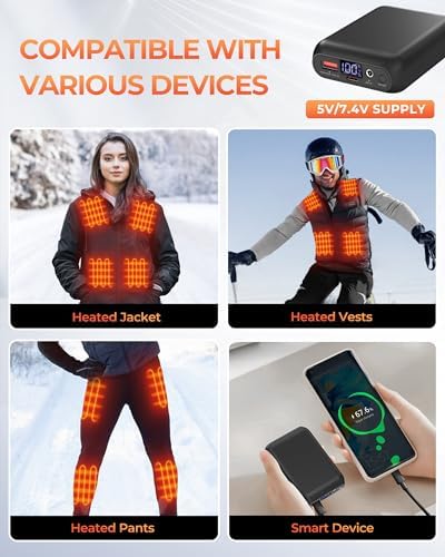 Ultimate Heated Vest Battery Pack with Fast Charging – Versatile Power Bank Featuring USB, Type-C & DC Outputs, LED Display for Seamless Connectivity, Up to 12 Hours of Reliable Warmth for Jackets, Hoodies, and Outdoor Adventures