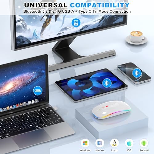 Sleek LED Bluetooth Wireless Mouse for Mac & PC – Rechargeable, RGB Light-Up Design with Dual Connectivity (BT5.2 + 2.4 G USB) – Slim, Portable Mouse with Jiggler Function for Work & Play – Enhanced Performance & Style in White