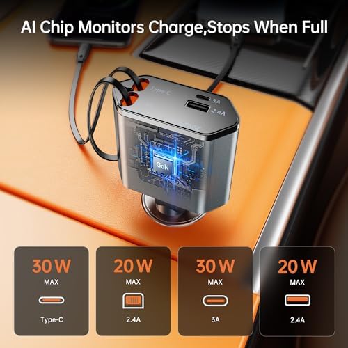 GUSGU 100 W Retractable Car Charger – Versatile 4-in-1 Fast Charging Solution with 2.6 ft Tangle-Free Cord, Lightning & USB-C Adapters – Universal Compatibility for All Devices in Sleek Silver Design – Stay Powered On-The-Go