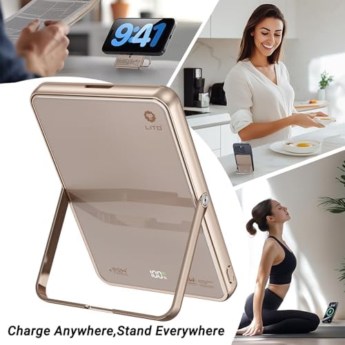 Mag Safe-Compatible Ultra-Slim 5000 m Ah Wireless Power Bank with 15 W Fast Charging & 20 W USB-C, Foldable Kickstand for i Phone 16/15/14/13/12 Series – Portable Charger for Effortless Power on the Go
