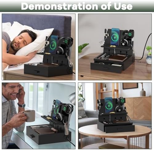 Nightstand Organizer with Charging Station, Wood Docking Station with USB Ports and Outlets, Gifts for Men, Bedside Holder with Drawer for Kindle,Phone,Key, Watch & Accessories (Classic Black) – Enhanced Compatibility and Speed