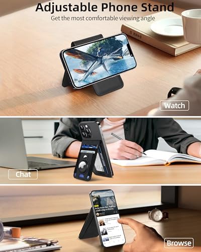 for Magsafe Wallet Stand with Airtag Holder, Strongest Magnetic Wallet for iPhone 16/15/14/13/12 Series, ID Window, 4 Card Slots, 10 Cards Holder, Vegan Leather, RFID Blocking, Black – Enhanced Compatibility and Speed