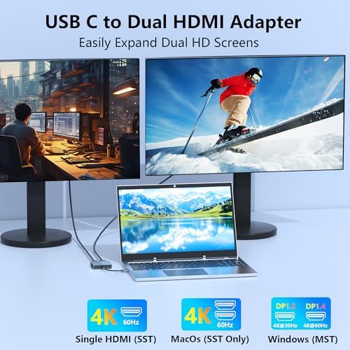 Enhance Your Visual Experience with the USB C to Dual HDMI Adapter – Effortlessly Connect Dual Monitors to Dell, HP & Mac Book for Unmatched Productivity | 4 K HDMI Splitter for Gamers & Professionals | Compact Plug and Play USB C Hub for Travel & Office Use | Elevate Multitasking with Stunning 60 Hz Visuals
