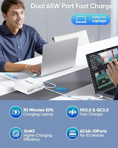 460 W Advanced USB C Charging Hub – 10-Port Fast Charging Station with Ga N III Technology for Mac Book Pro/Air, i Phone, i Pad, Dell, Samsung Galaxy – Dual 65 W Power Adapter for Ultimate Device Versatility – Sleek White Design for Home & Office Efficiency