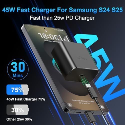 45 W Super Fast USB-C Charger for Samsung Galaxy | Dual Port Fast Charging Block with 10 FT Cable | Ultimate Compatibility for Galaxy S25/S24/S23/S22 Series | Efficient, Reliable, and Travel-Friendly Charging Solution