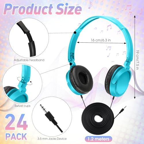 Bulk 24 Pack Colorful Wired Headphones for Classroom Use – Durable and Comfortable Audio Solution for Students, Perfect for Engaging Learning and Group Activities, Ideal Gift Choice for Educational Environments