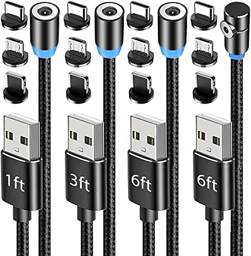 Terasako 4-Pack Magnetic Charging Cables with 360° Rotating Connectors – Versatile 1 ft, 3 ft, & Dual 6 ft Lengths, LED Indicator, 90° Angle Design, Durable Nylon-Braided for Enhanced Device Compatibility and Fast Charging