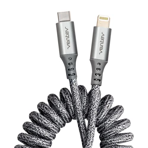 Ventev Helix 14-Inch Expandable i Phone Charging Cable | Tangle-Free Coiled USB-A to Lightning Cord | MFi Certified Fast Charger for Seamless Car Use | Durable Gray Design for Enhanced Compatibility and Efficiency