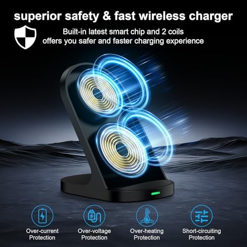 Samsung Fast Wireless Charger Stand – 15 W High-Speed Charging Dock for Galaxy S25/S24/S23, Google Pixel 9/9 Pro, i Phone 16 – Dual Coil Design for Optimal Charging – Safe & Case-Friendly Charging Station for Desk or Nightstand – Supports Vertical/Horizontally Viewing – Enhanced Compatibility for Multiple Devices – Quick and Convenient Charging Experience