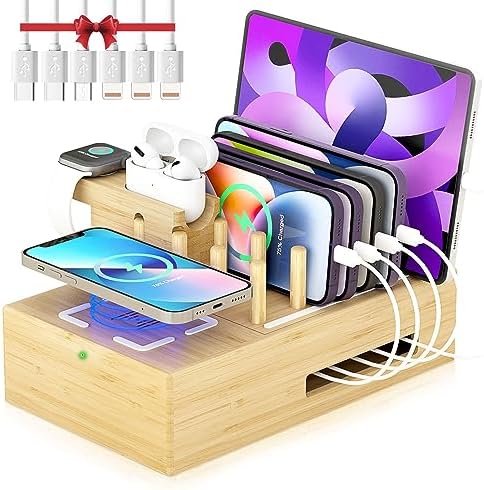 Eco-Friendly Bamboo Wireless Charging Station – Versatile Docking Organizer with 7 USB Ports for Fast Qi-Certified Charging of Smartphones, Smartwatches, Earbuds, and Tablets – Sleek Design for Enhanced Productivity and Clutter Reduction