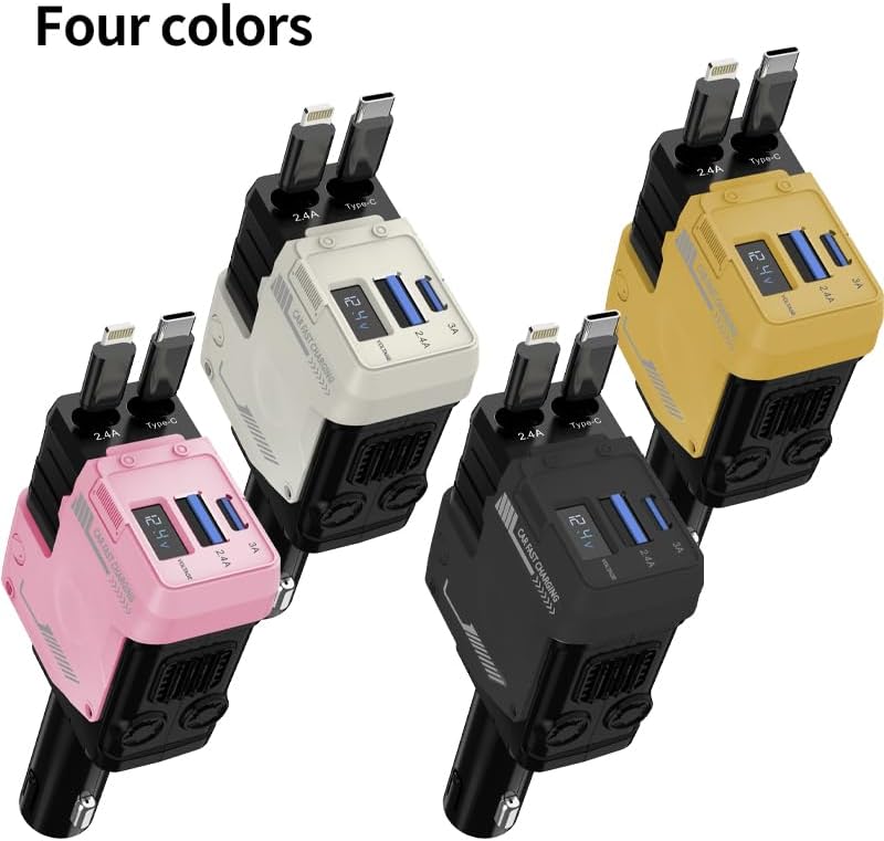 2025 Upgraded 4-in-1 Retractable Car Charger – Dual USB Ports with Fast Charging (Max 66 W) for i Phone 16/15/14/13/12 Pro Max & Samsung Galaxy Fold/S Series, Effortless Device Compatibility and Storage Solution