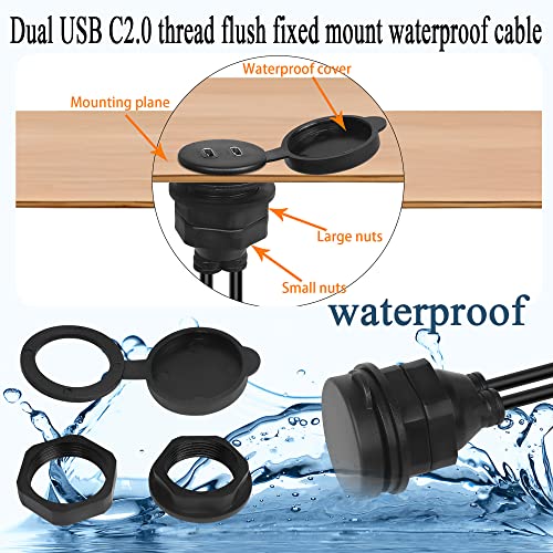 QIANRENON Waterproof Dual USB C 2.0 Threaded Flush Mount Extension Cable – 1 m (3.3 ft) Male to Female Connector for Cars, Boats, Trucks, and Motorcycles – Reliable Charging and Data Transfer Solution for Outdoor Adventures