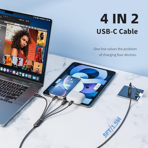 Ultra-Fast 240 W 4-in-1 USB C Charging Cable with Breathing Light Indicator – Multi-Device Compatibility for i Phone, i Pad, Samsung Galaxy, and Mac Book – 5 Ft Durable Cord in Stylish Purple for Efficient Data Sync and Enhanced Charging Performance