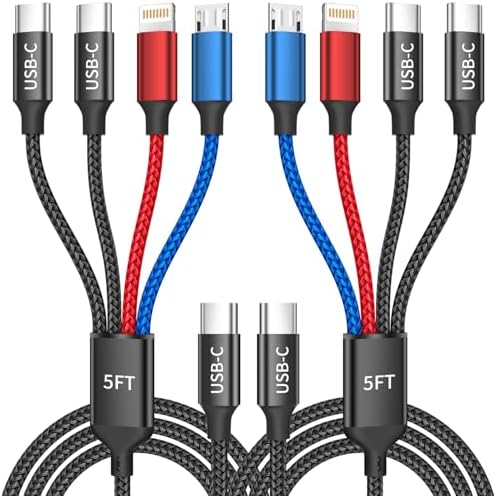 Ultimate Travel 4 in 2 Dual Type-C Charging Cable – 5 FT Multi-Device Charger for i Phone 16/15/14 & Android Tablets – Durable Tinned Copper Cord with USB-A/C Compatibility – 2 Pack for Enhanced Portability and Speed