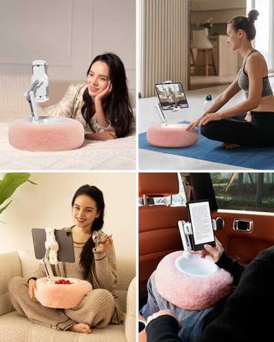 Viozon 360° Adjustable Tablet Stand Pillow in Pink – Plush Fabric Holder for 4.7″-13″ Devices, Perfect for i Pad, i Phone, Samsung, Google, and Kindle – Versatile Bedside Companion with Detachable Snack Bowl for Ultimate Comfort and Convenience