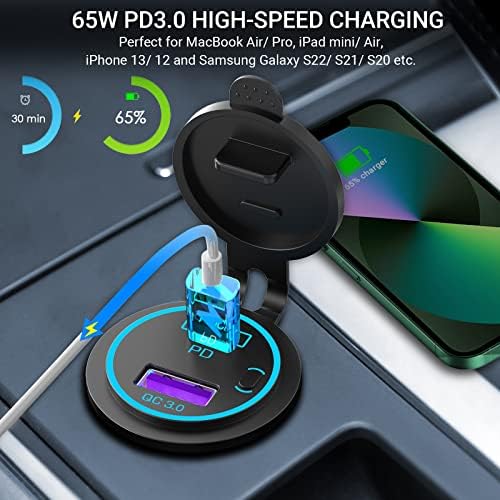 Ultimate 83 W 12 V USB Outlet Laptop Charger – Dual Fast Charge 65 W USB-C PD3.0 & 18 W QC3.0 Ports – Waterproof Multi-Car Socket with Energy-Saving Power Switch – Ideal for Cars, Boats, RVs, Trucks, and More – Unmatched Compatibility & Speed for All Devices