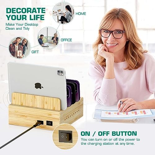 Sustainable Bamboo USB Charging Hub with 7 Ports – Elegant Multi-Device Organizer for Smartphones, Tablets, Smartwatches, and Earbuds – Fast Charging Solution with Dedicated Holders for Tidy Power Management and Stylish Home Décor