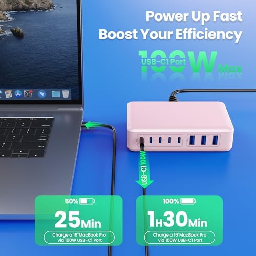 Revolutionary 300 W Ga N IV Technology USB-C Charging Hub – 8-Port Multi-Device Charger for Mac Book Pro/Air, DELL Laptops, i Phone 16/15/14 & Galaxy S25 – Sleek Navy Finish for Enhanced Home & Office Efficiency – Your Premier Solution for Rapid Device Power and Seamless Connectivity
