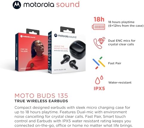 Motorola Moto Buds 135 True Wireless ENC Bluetooth Earbuds – Superior Sound & Noise Cancellation for Active Lifestyles – Lightweight Comfort, IPX5 Water-Resistant & Fast Pairing – Ultimate Audio Experience for Music Enthusiasts and Professionals on the Move