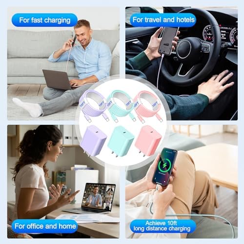 Premium 3-Pack 10 FT USB-C to USB-C Charging Cables – 60 W Fast Charge for i Phone 16 & 15, Samsung Galaxy S24/S23, i Pad Pro – Durable & Stylish in Purple, Pink, and Blue – Ultimate Compatibility for Multi-Device Charging Solutions