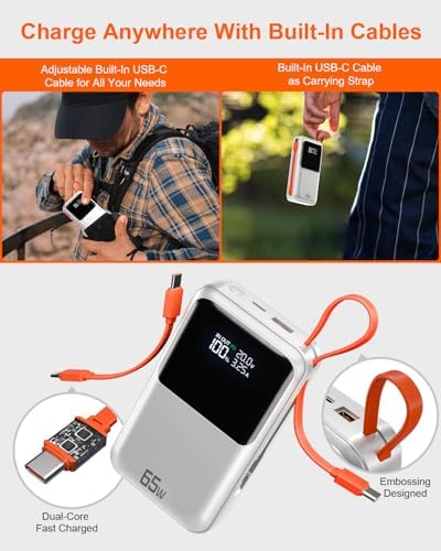 Ultimate 65 W Portable Laptop Power Bank – 27,000 m Ah Triple Port Fast Charger with Integrated USB-C & Lightning Cables | TSA-Compliant for Hassle-Free Travel | Smart Display & Enhanced Safety Features for Mac Book, i Phone, & Steam Deck | Your Essential On-the-Go Charging Solution for Maximum Productivity