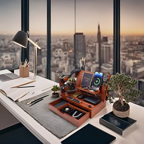 Nightstand Organizer for Men with Large Drawer, Birthday Gifts for Men, Phone Docking Station, Bedside Organizer for Nightstand for Apple Watch, Laptop (Brown, Solid Wood) – Enhanced Compatibility and Speed