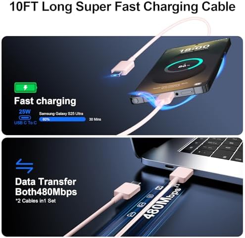 High-Speed 25 W Type C Wall Charger for Samsung Galaxy S25 Series – Includes Dual 10 FT USB-C Cables for Enhanced Flexibility and Safety – Lightning-Fast Charging with Compact Design for Travel Enthusiasts and Everyday Users