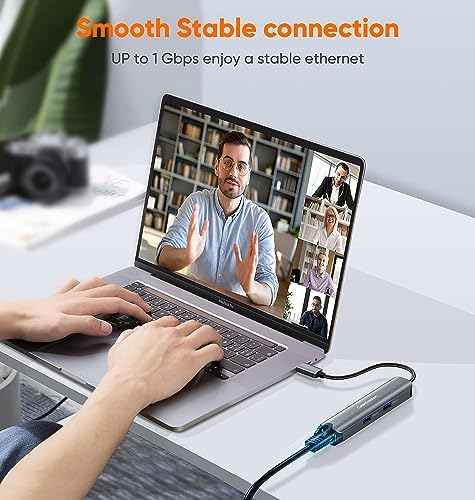 Sleek 5-in-1 USB C Hub Multiport Adapter – Aluminum 4 K HDMI, 1 Gbps Ethernet & 3 USB 3.0 Ports for Enhanced Connectivity on Mac Book Pro/Air, i Pad Pro & Surface Go – Ultimate Solution for Fast Data Transfer & Seamless Streaming