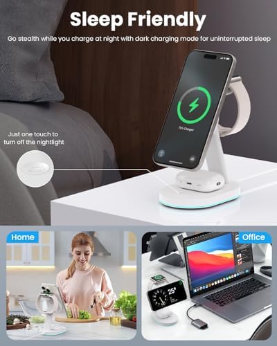 Ultimate 3-in-1 Wireless Charging Station for i Phone, Apple Watch, and Air Pods – Qi2 Certified 15 W Magnetic Charger with 30 W USB-C Adapter & Integrated Night Light – Streamlined Design for i Phone 16/15/14/13/12 – Superior Speed and Enhanced Compatibility for Modern Tech Users