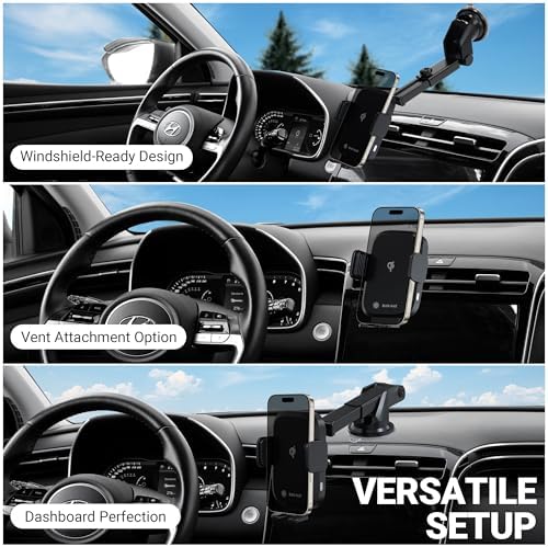 15 W Qi Wireless Car Charger with Auto-Clamping Technology – Versatile 3-in-1 Phone Mount for Dashboard, Windshield, or Air Vent – 360° Rotating Holder for i Phone, Samsung, LG & Motorola – Fast Charging Solution for All Compatible Devices – Enhance Your Driving Experience with Premium Convenience and Safety
