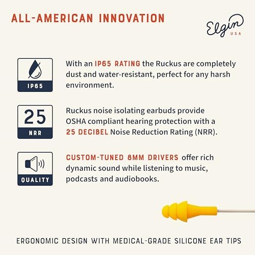 Elgin Ruckus+ OSHA Compliant Earplug Earbuds – 25 d B Noise Reduction Wired Headphones with Built-in Mic for Clear Communication – Sweatproof Design for Construction & Industrial Use – Enhanced Device Compatibility for Seamless Connectivity and Comfort