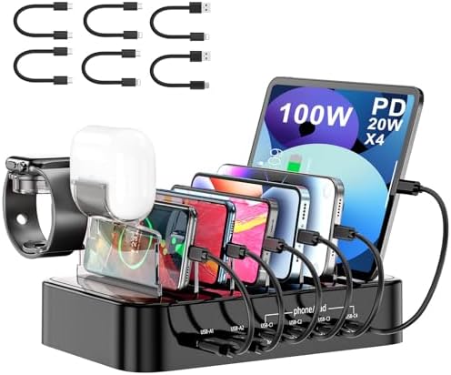 Ultimate 100 W Multi-Device Charging Station – Fast USB-C Dock for i Phones, Androids, i Pads, Kindles & Smartwatches – Sleek Organizer with Intelligent Charging for Home & Office Efficiency