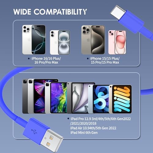 Car Carplay Cable for iPhone 15/16 Car Charger Cable,4Pack USB A to USB C for Carplay USB C Cord,iPhone 16/15/Plus/Pro Max,iPad Pro 12.9/11,Air 5th/4th Gen,Mini 6th Gen/Car Charging Cable 3FT – Enhanced Compatibility and Speed