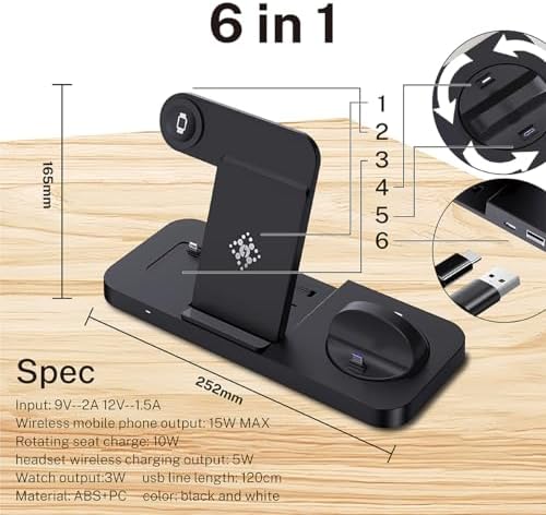 Ultimate 6-in-1 Wireless Charging Dock for i Phone 16/15/14/13, Apple Watch Series, Air Pods Pro – Super-Fast Qi-Certified Charging Station with QC3.0 Adapter for Seamless Device Compatibility and Safety Features – Perfect for Home and Travel Use