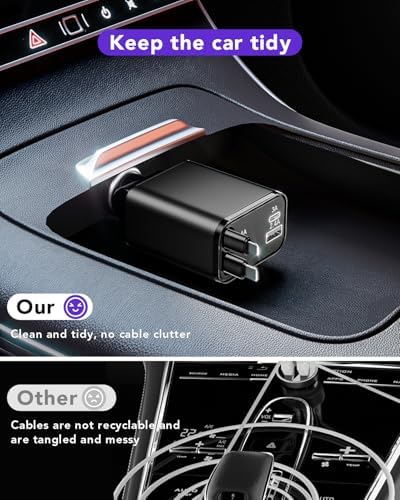 2025 Ultra-Compact 4-in-1 Retractable Car Charger – 69 W Fast Charging Adapter for i Phone 16, Galaxy and More – Innovative Space-Saving Design with Multiple Ports for Simultaneous Device Powering – Essential Car Accessory for Daily Commutes and Road Trips