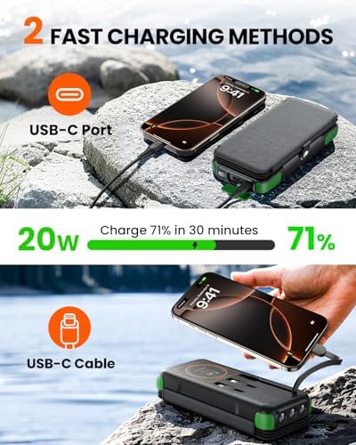 Ultimate SOARAISE 25000 m Ah Solar Power Bank: Fast Wireless Charging with Built-in Cables, Dual USB Outputs, 4 Solar Panels & Triple LED Flashlights for Outdoor Adventures – Reliable Portable Charger for Camping & Emergencies