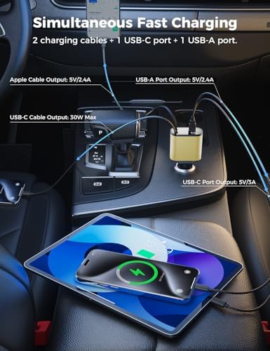 Introducing the SUPERONE 4-in-1 Retractable Fast Car Charger: Ultimate On-the-Go Charging Solution for i Phone, Galaxy & Pixel Devices – Featuring 2.6 ft Tangle-Free Cord, Enhanced USB C & Apple Compatibility, and Sleek Design for Effortless Portability. Experience lightning-fast charging to keep your devices powered during road trips or daily commutes, ensuring you’re always connected. This innovative retractable charger is engineered for maximum efficiency, accommodating a wide range of smartphones including i Phone 16, 15/15 Pro Max, 14, 13, 12, 11 and popular Galaxy and Pixel models. With its compact construction and high-quality materials, this charger not only enhances your charging experience but also withstands everyday wear and tear. Elevate your mobile charging with the SUPERONE car charger – where convenience meets cutting-edge technology for busy professionals and families on the move.