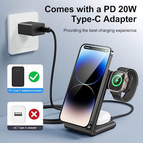 Ultimate 3-in-1 Magnetic Wireless Charging Hub for Apple Devices – Seamless Fast Charge for i Phone 15/14/13/12, Apple Watch Ultra/SE/9/2, and Air Pods Pro/3/2 with 20 W PD Adapter – Sleek Black Design for Home & Office with Enhanced Compatibility and Superior Docking Efficiency