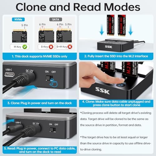 Maximize Data Management with SSK NVMe SSD Cloner – Dual Bay M.2 Duplicator Enclosure for 20 Gbps High-Speed USB3.2 Gen 2 X2, Effortless Offline Cloning for M Key PCIe NVMe SSDs, Tool-Free Setup for Seamless Backup and Expansion, Durable and User-Friendly Design for Tech Enthusiasts and Professionals
