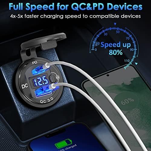 High-Performance PD 20 W USB-C & 18 W QC3.0 Dual USB Charger Socket with Energy-Efficient Power Switch and Built-in Voltmeter – Premium Aluminum Design for Cars, Boats, RVs, Motorcycles, and More – Ultimate Fast Charging Solution for All Your Devices